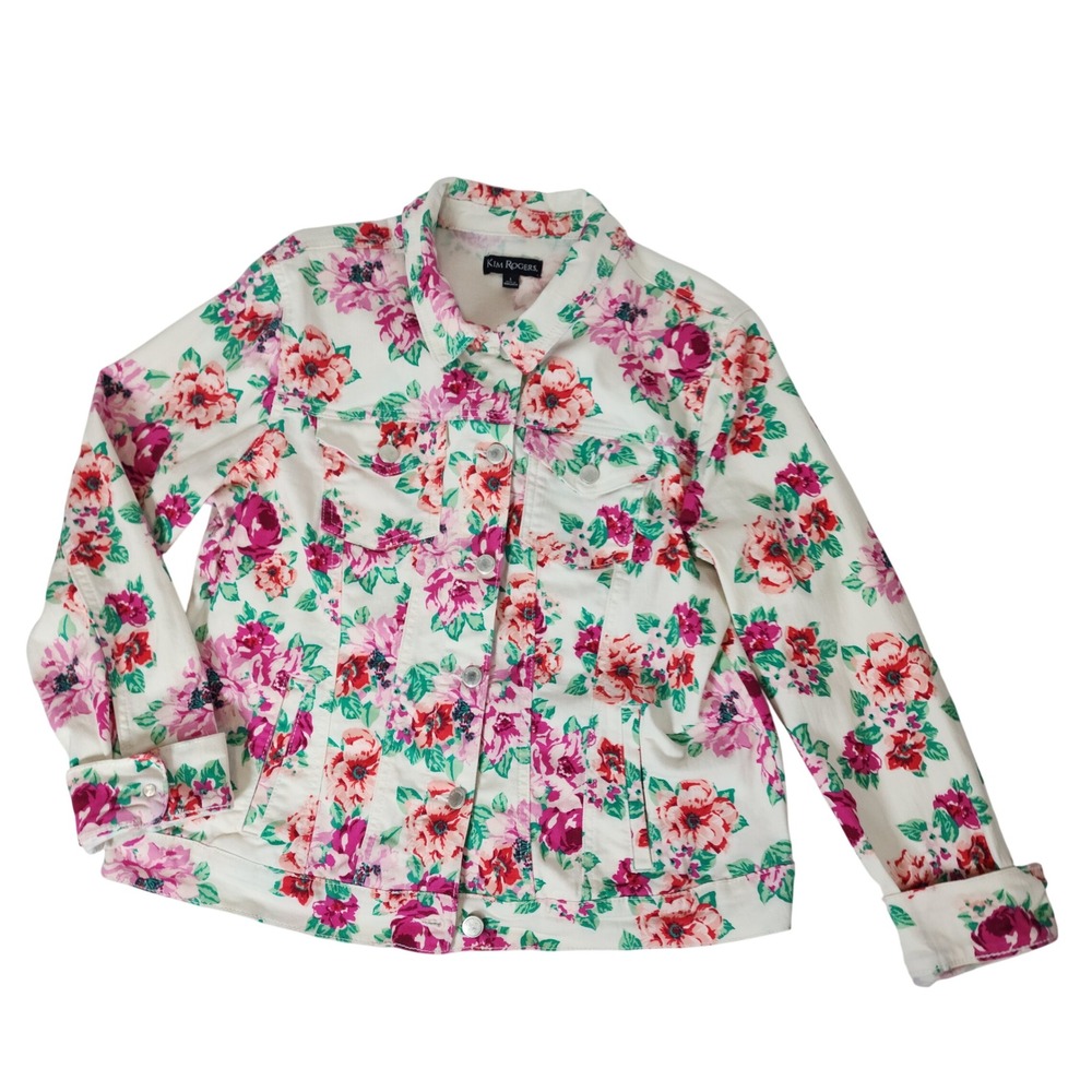 Kim Rogers Womens Floral Denim Trucker Jacket White Pink Red Green Size L